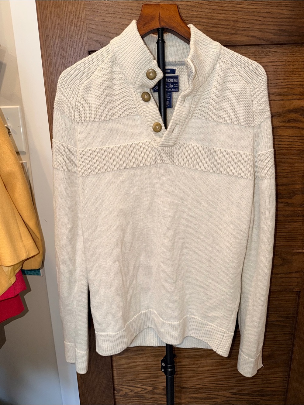 American Rag Cream 100% Cotton Mock Neck Sweater Button Pullover Medium